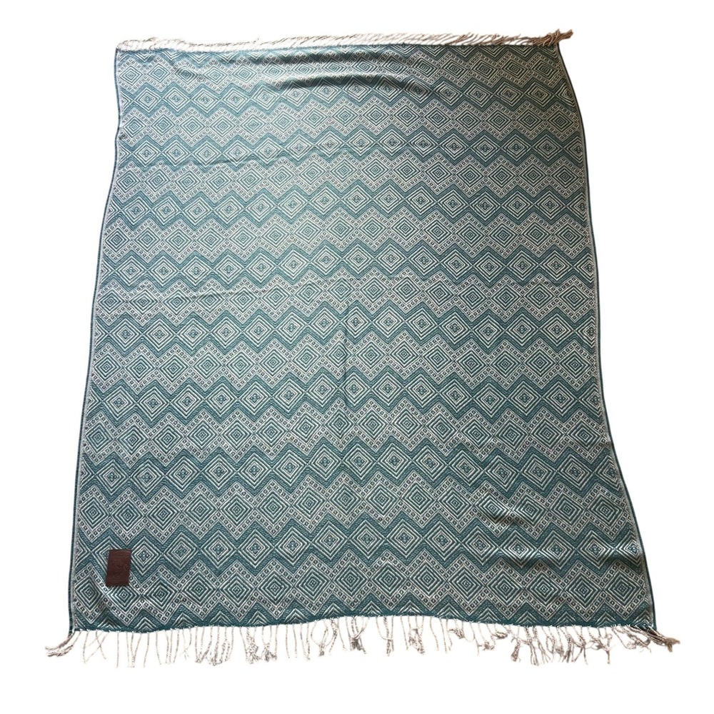 Imagine Peru Alpaca Throw Blanket Teal Geometric Diamond Woven Fringe 50x60 - Picture 2 of 4